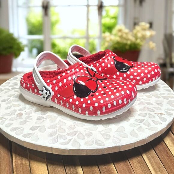 Crocs Kids Minnie Mouse Lined Classic Clog Red Polka Dot Cozy Disney Parks Size - Picture 1 of 12
